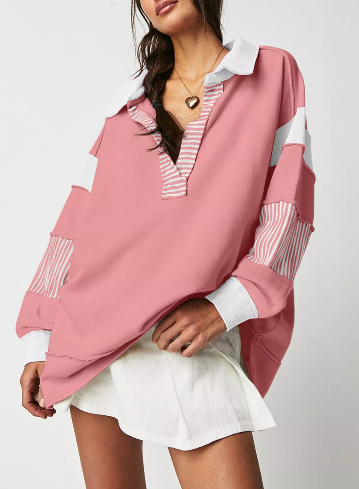 Color Block Striped Johnny Collar Sweatshirt