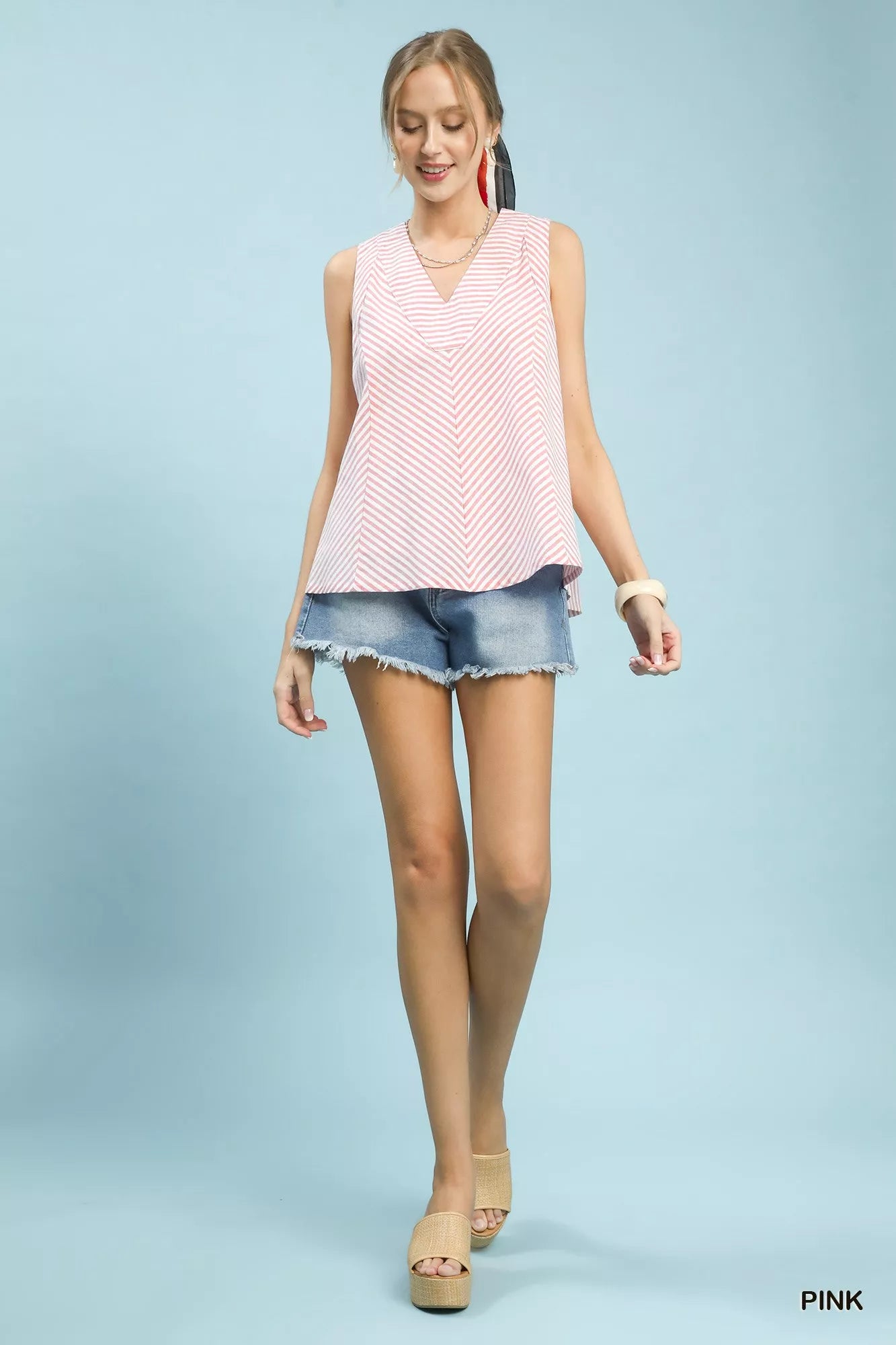 Mixed Stripe Sleeveless V-Neck Top