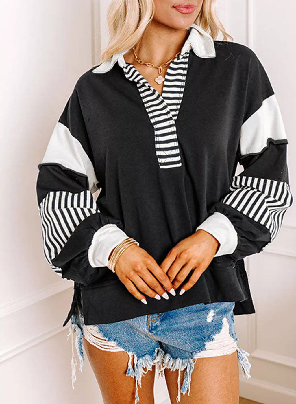 Color Block Striped Johnny Collar Sweatshirt