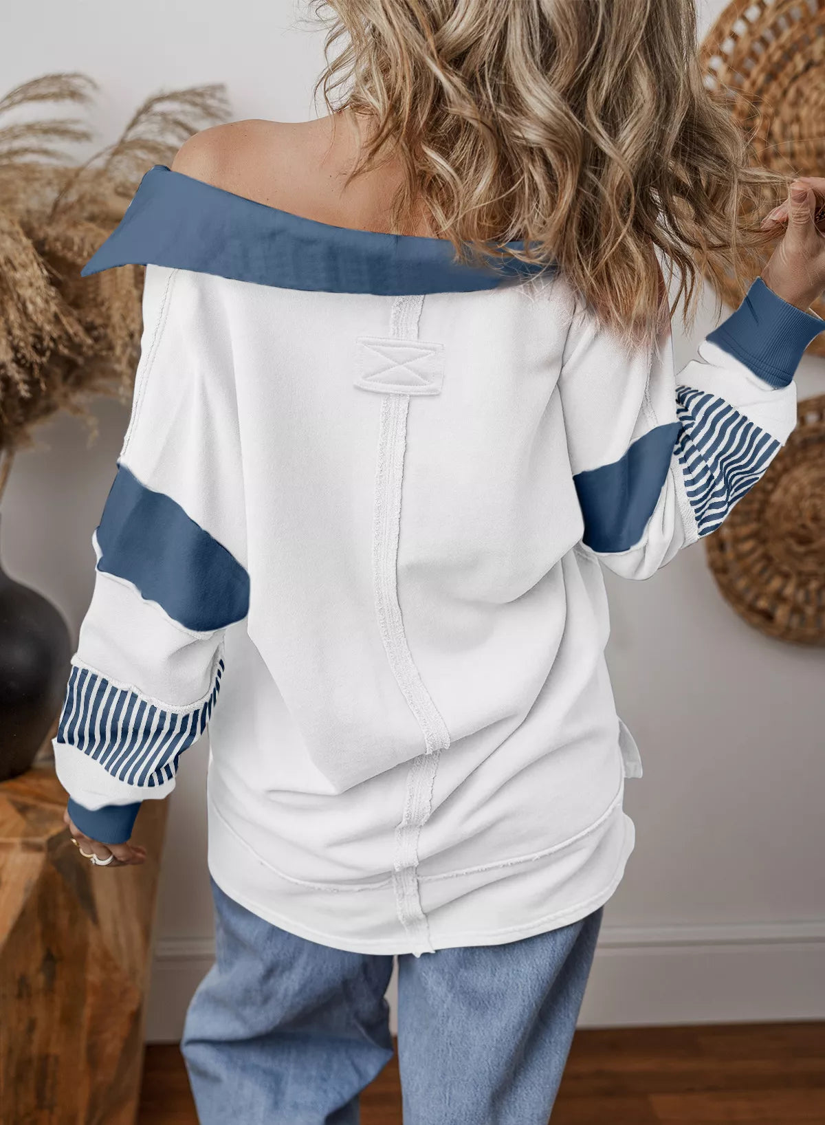 Color Block Striped Johnny Collar Sweatshirt