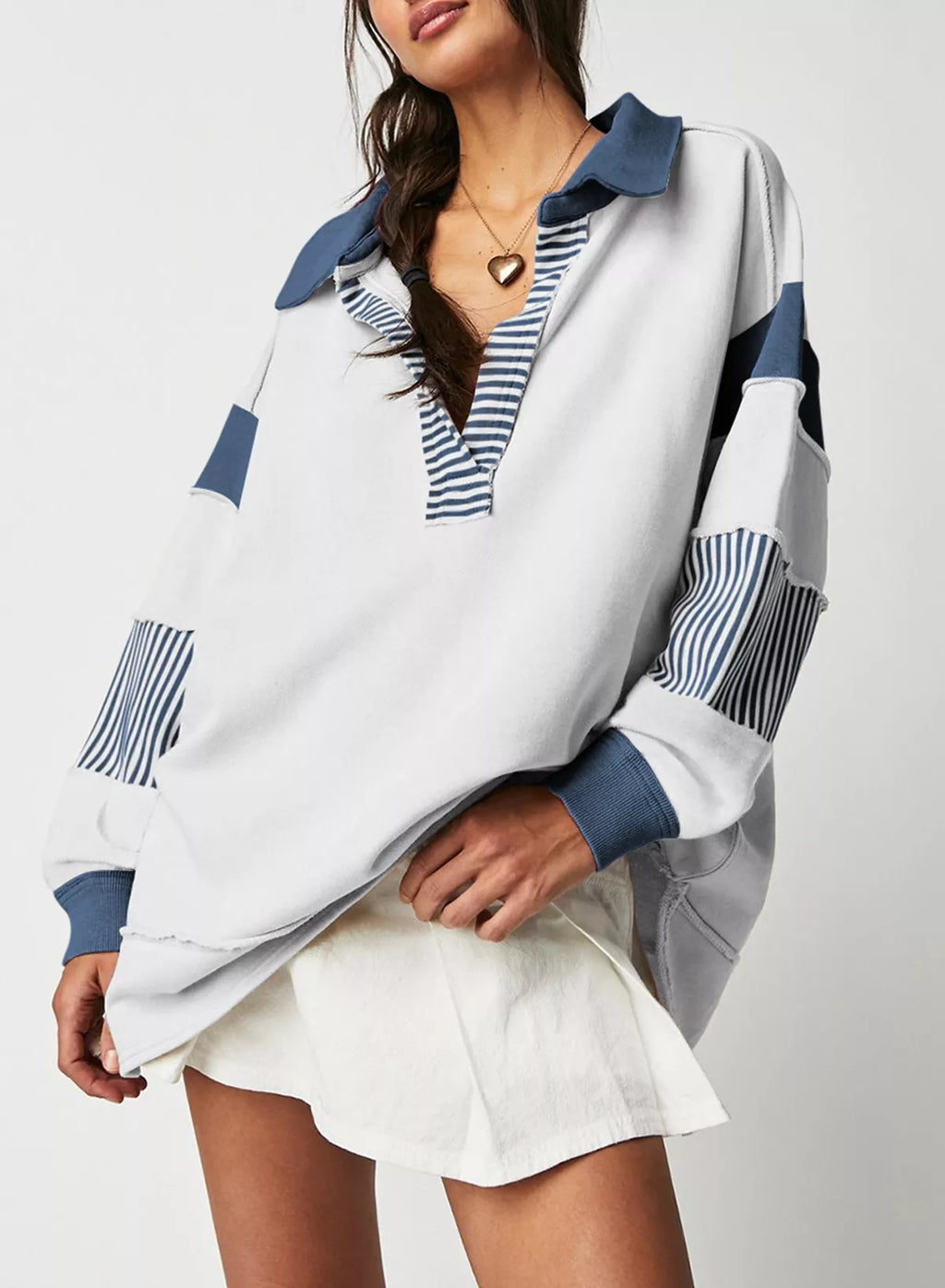 Color Block Striped Johnny Collar Sweatshirt