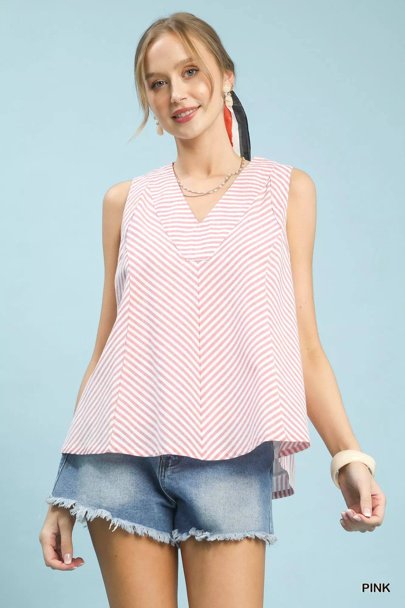 Mixed Stripe Sleeveless V-Neck Top