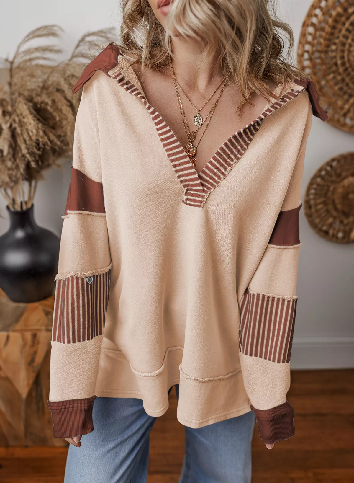 Color Block Striped Johnny Collar Sweatshirt
