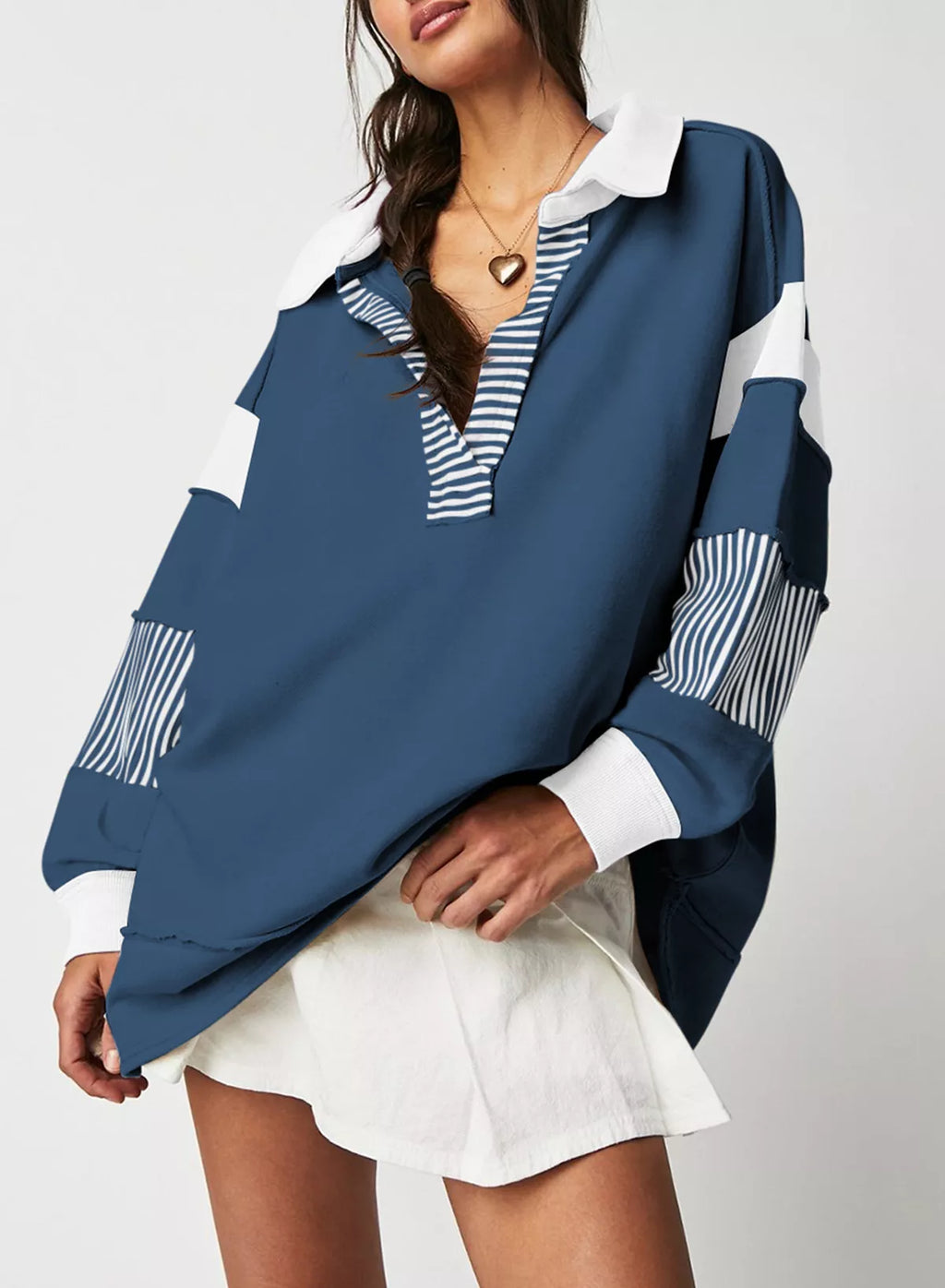 Color Block Striped Johnny Collar Sweatshirt