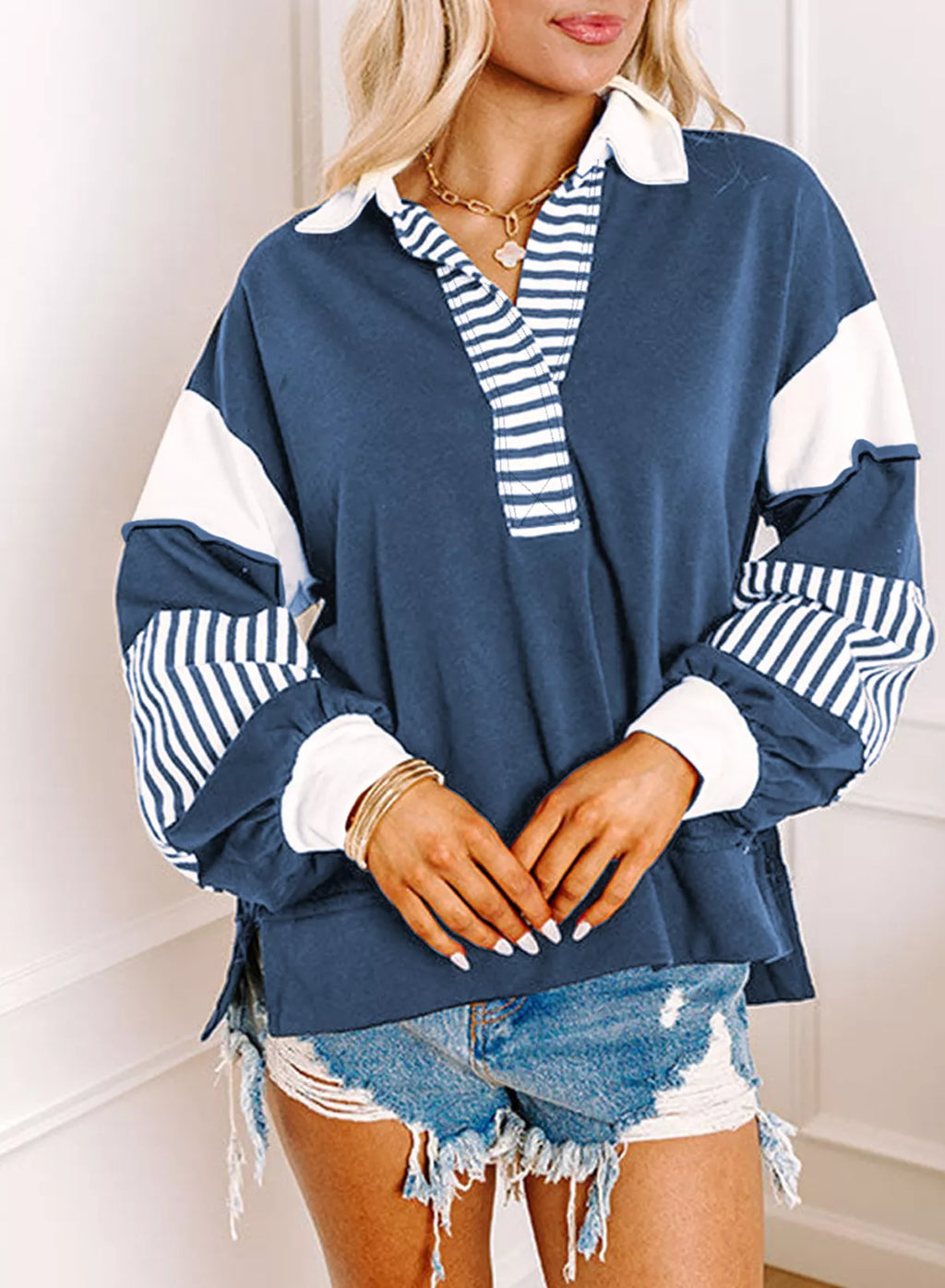 Color Block Striped Johnny Collar Sweatshirt