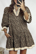 Black Leopard Print Striped Color Block Trim V Neck Bracelet Sleeve Mini Dress