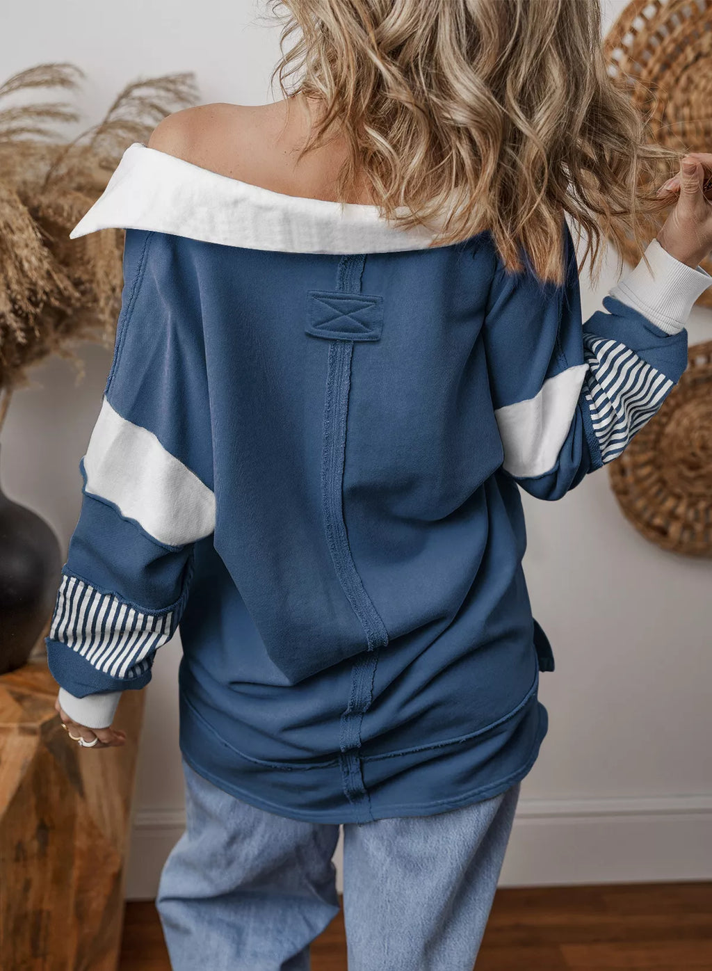 Color Block Striped Johnny Collar Sweatshirt
