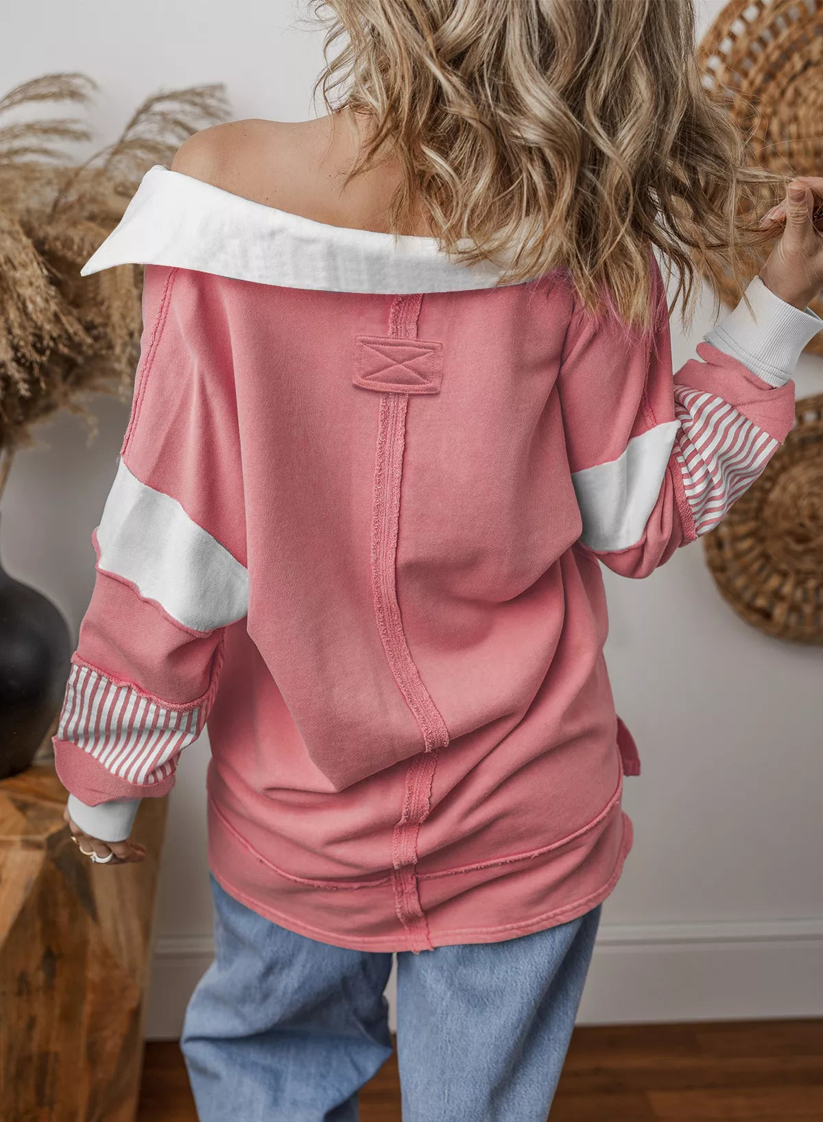 Color Block Striped Johnny Collar Sweatshirt