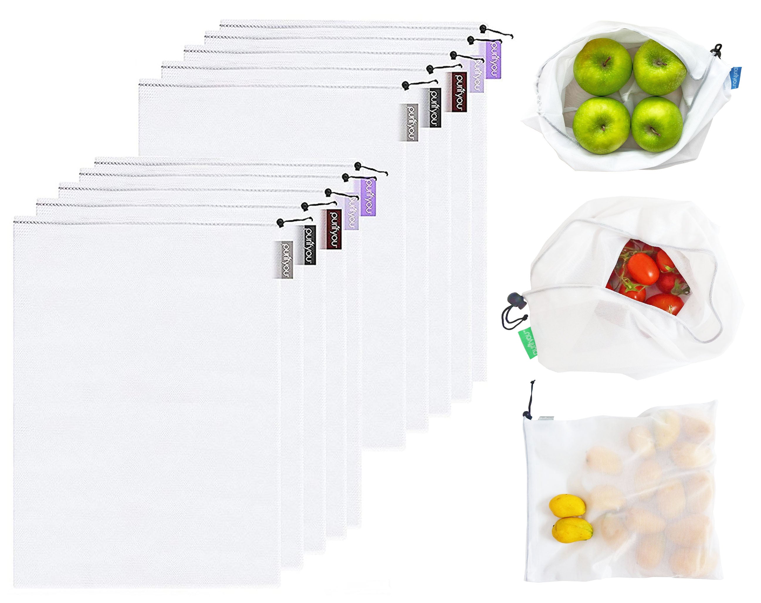 purifyou Reusable Mesh Bags - Market Bag for Fresh Produce, Groceries, Storage & Gifts (sold per set)