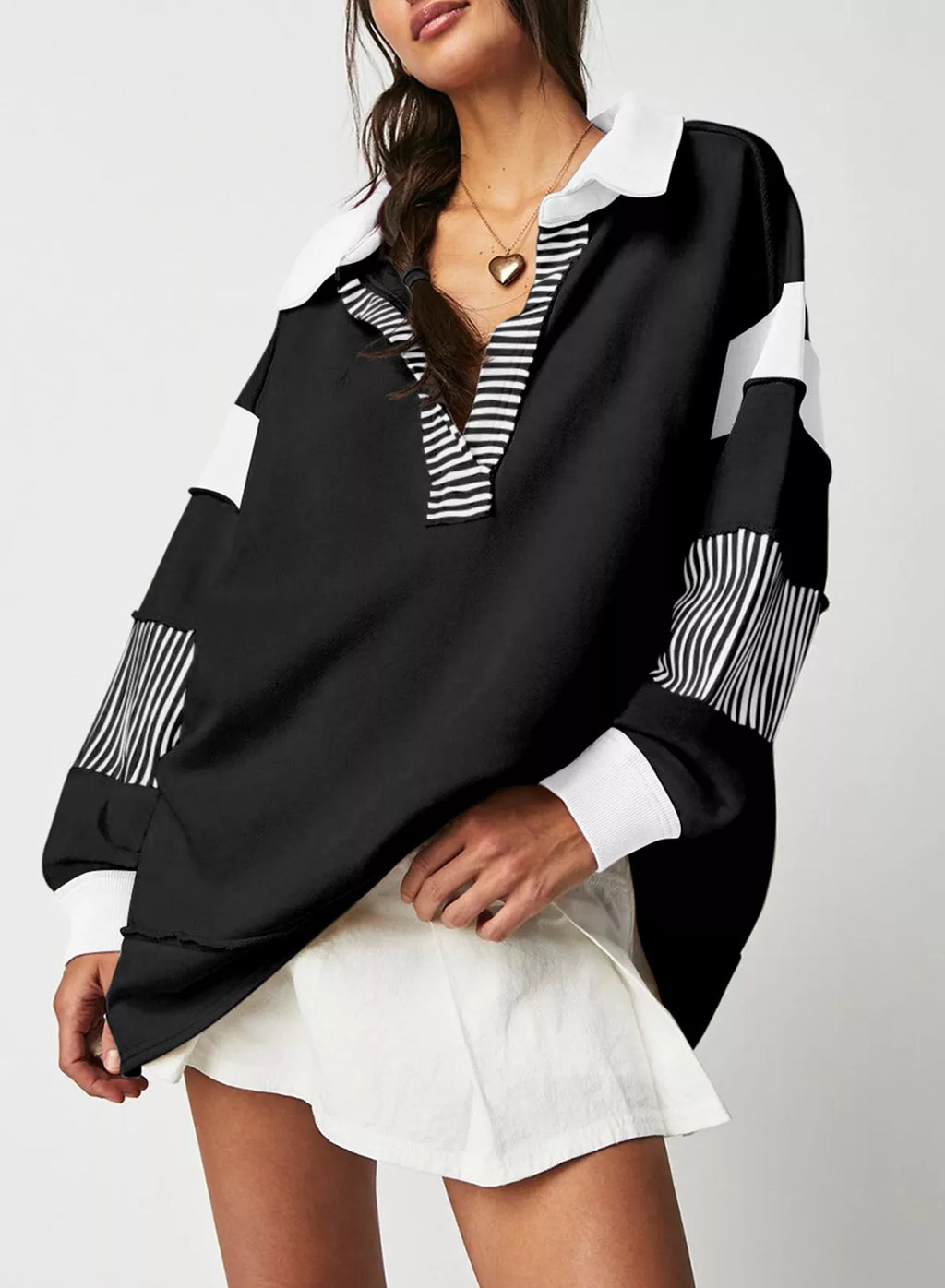 Color Block Striped Johnny Collar Sweatshirt