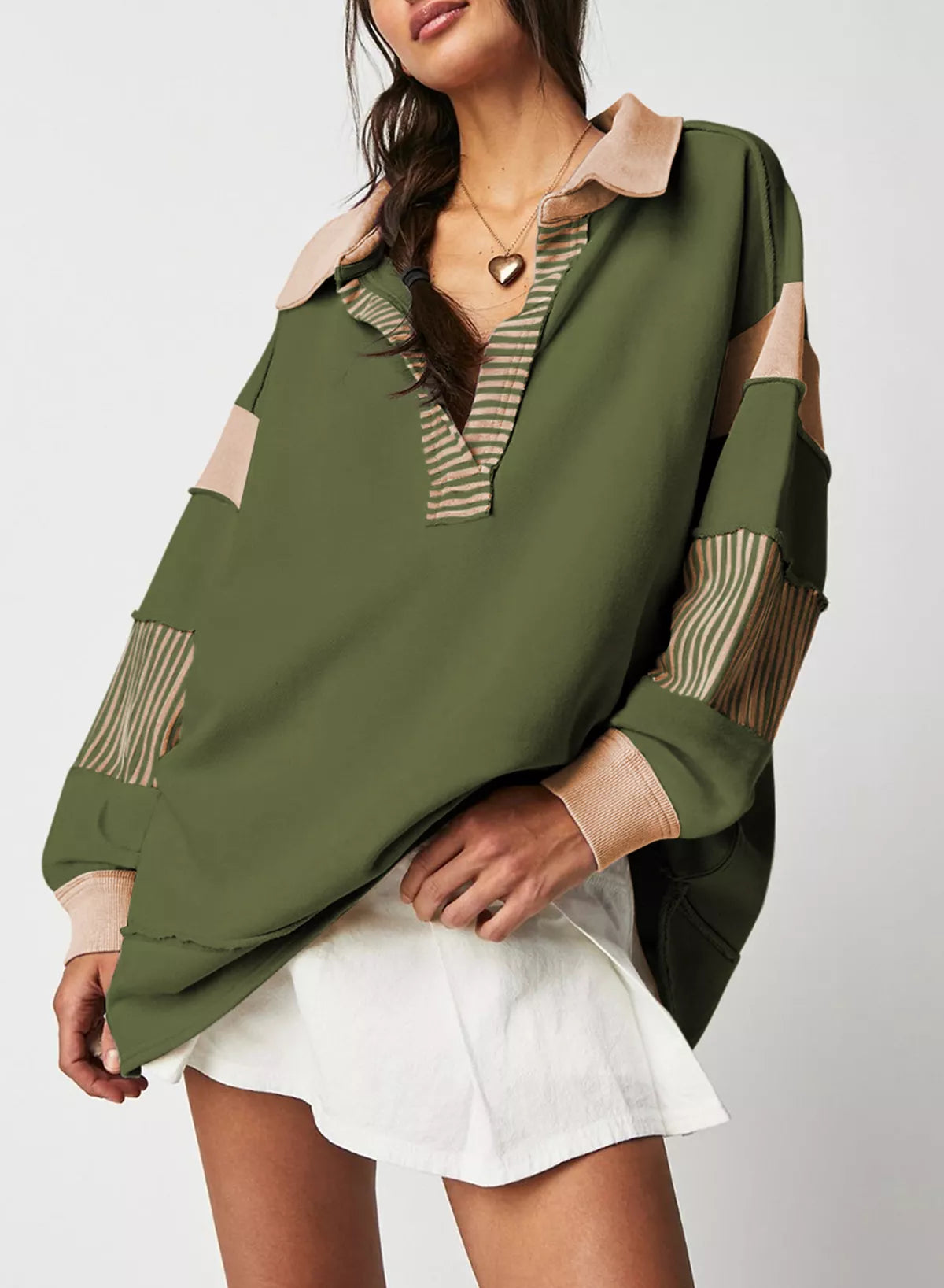 Color Block Striped Johnny Collar Sweatshirt