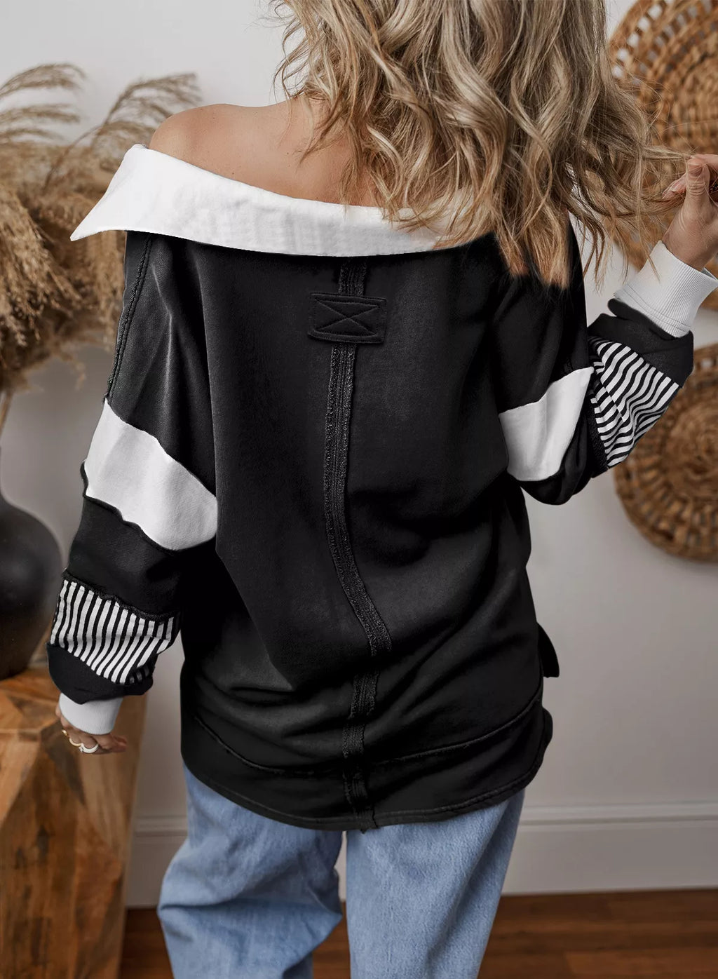 Color Block Striped Johnny Collar Sweatshirt