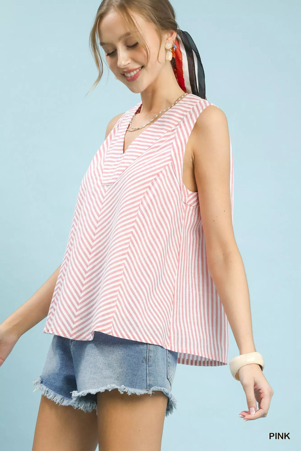 Mixed Stripe Sleeveless V-Neck Top