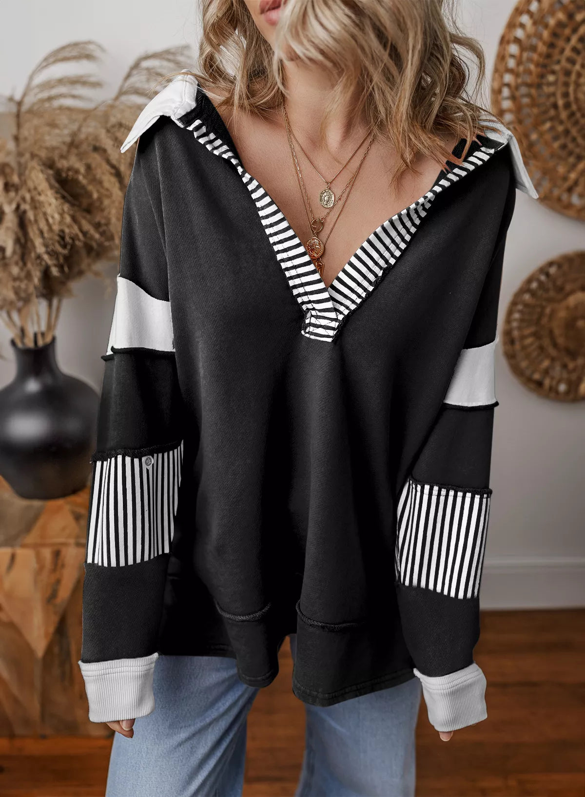 Color Block Striped Johnny Collar Sweatshirt