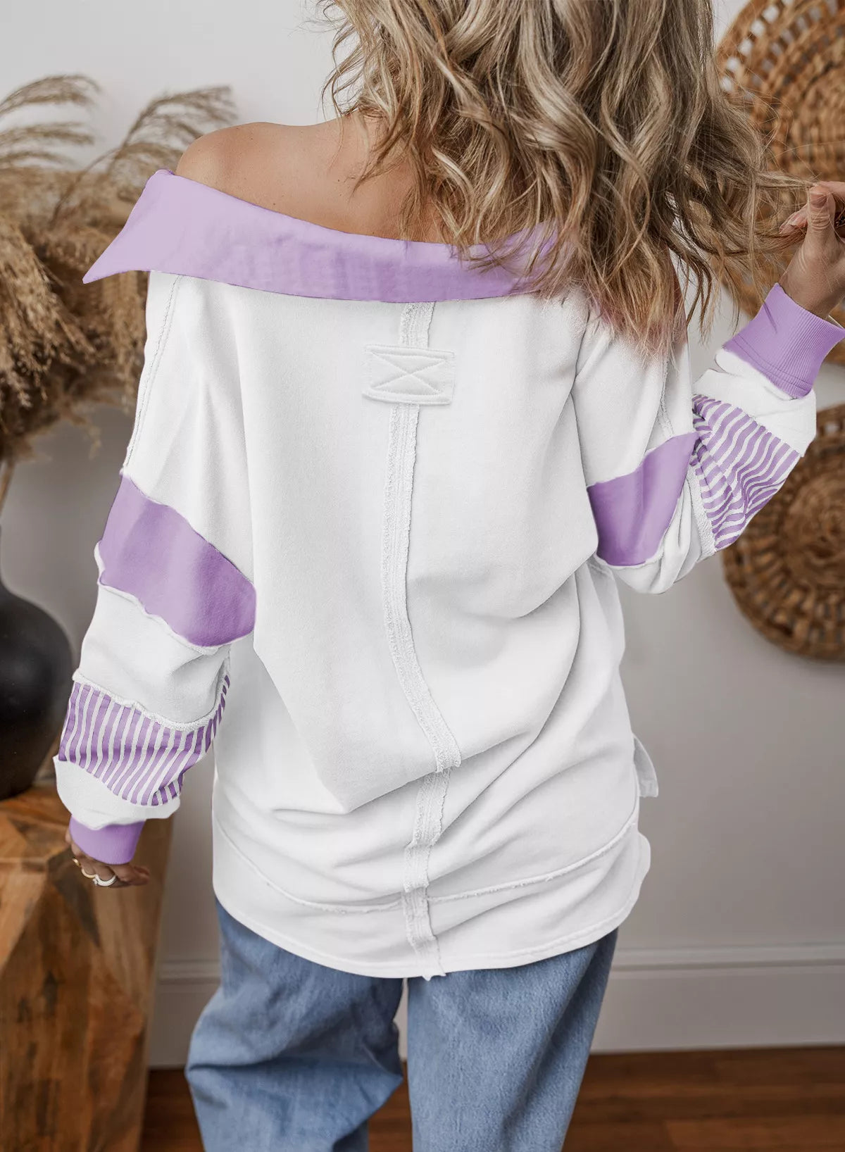 Color Block Striped Johnny Collar Sweatshirt