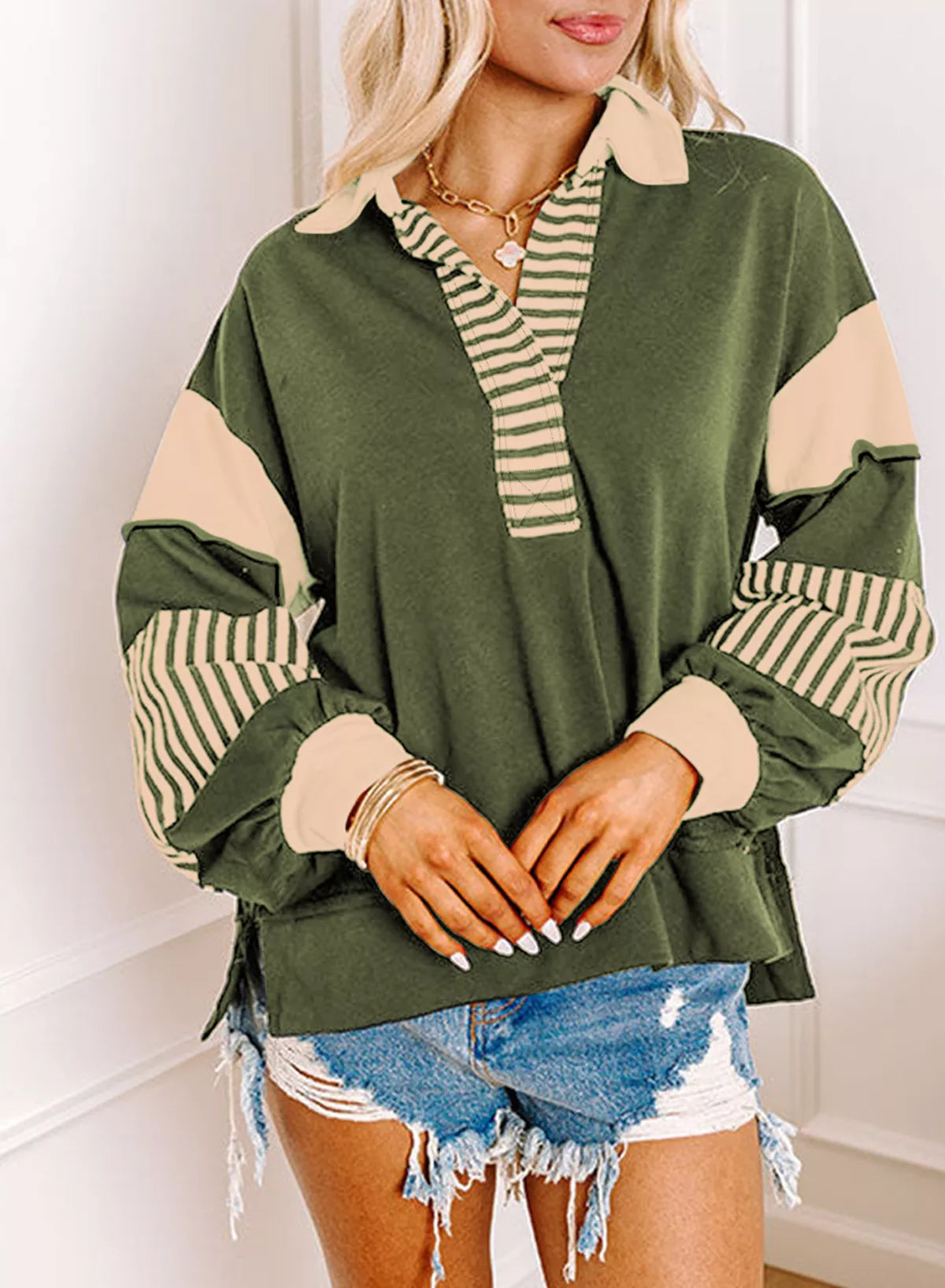 Color Block Striped Johnny Collar Sweatshirt