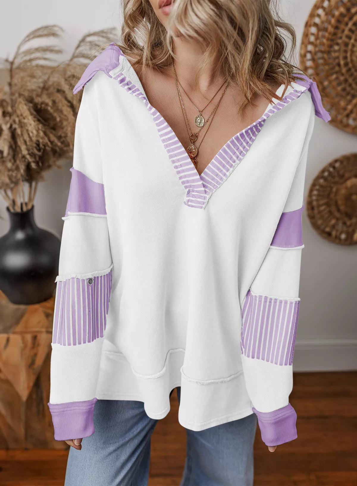 Color Block Striped Johnny Collar Sweatshirt