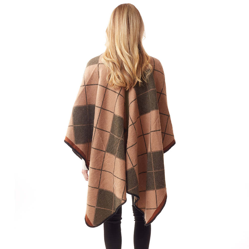 Plaid Check Patterned Stitch Ruana Poncho Wrap Shawl