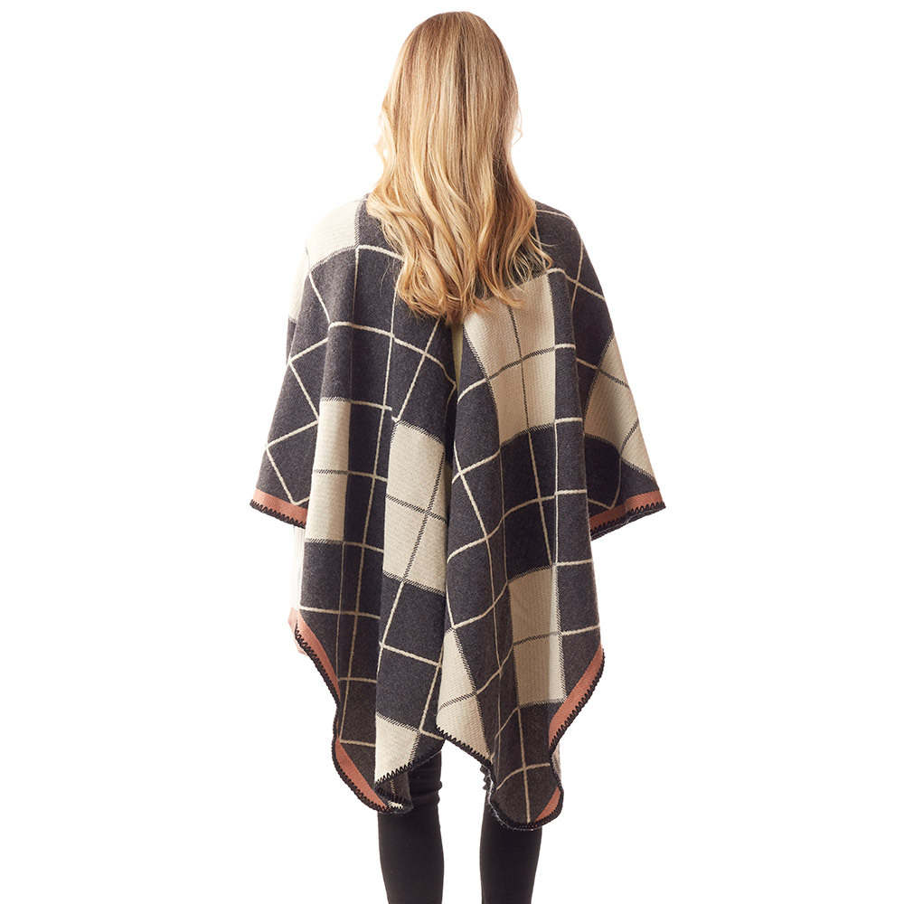Plaid Check Patterned Stitch Ruana Poncho Wrap Shawl