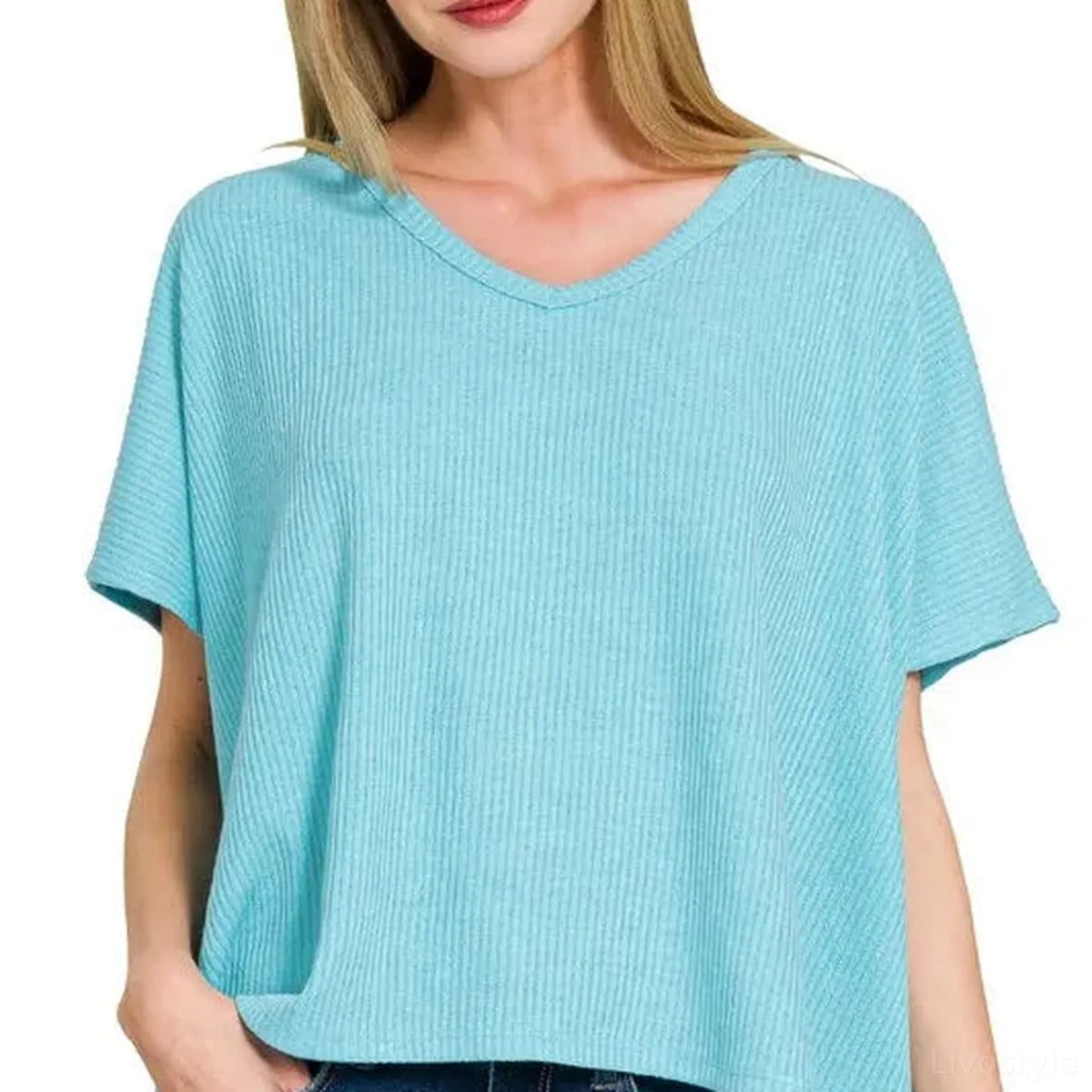 Ribbed V-Neck Short-Sleeve Knit Top