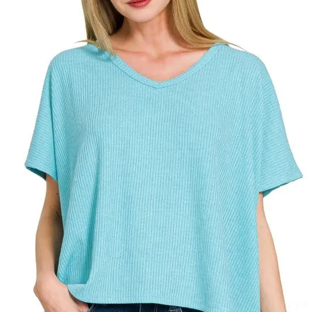 Ribbed V-Neck Short-Sleeve Knit Top