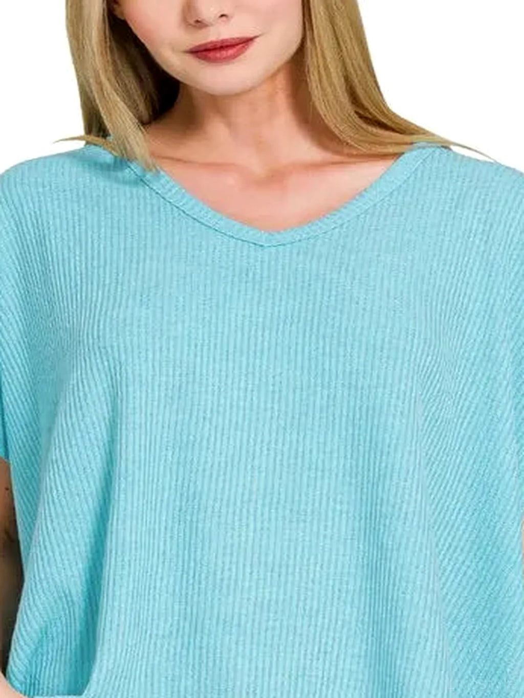 Ribbed V-Neck Short-Sleeve Knit Top