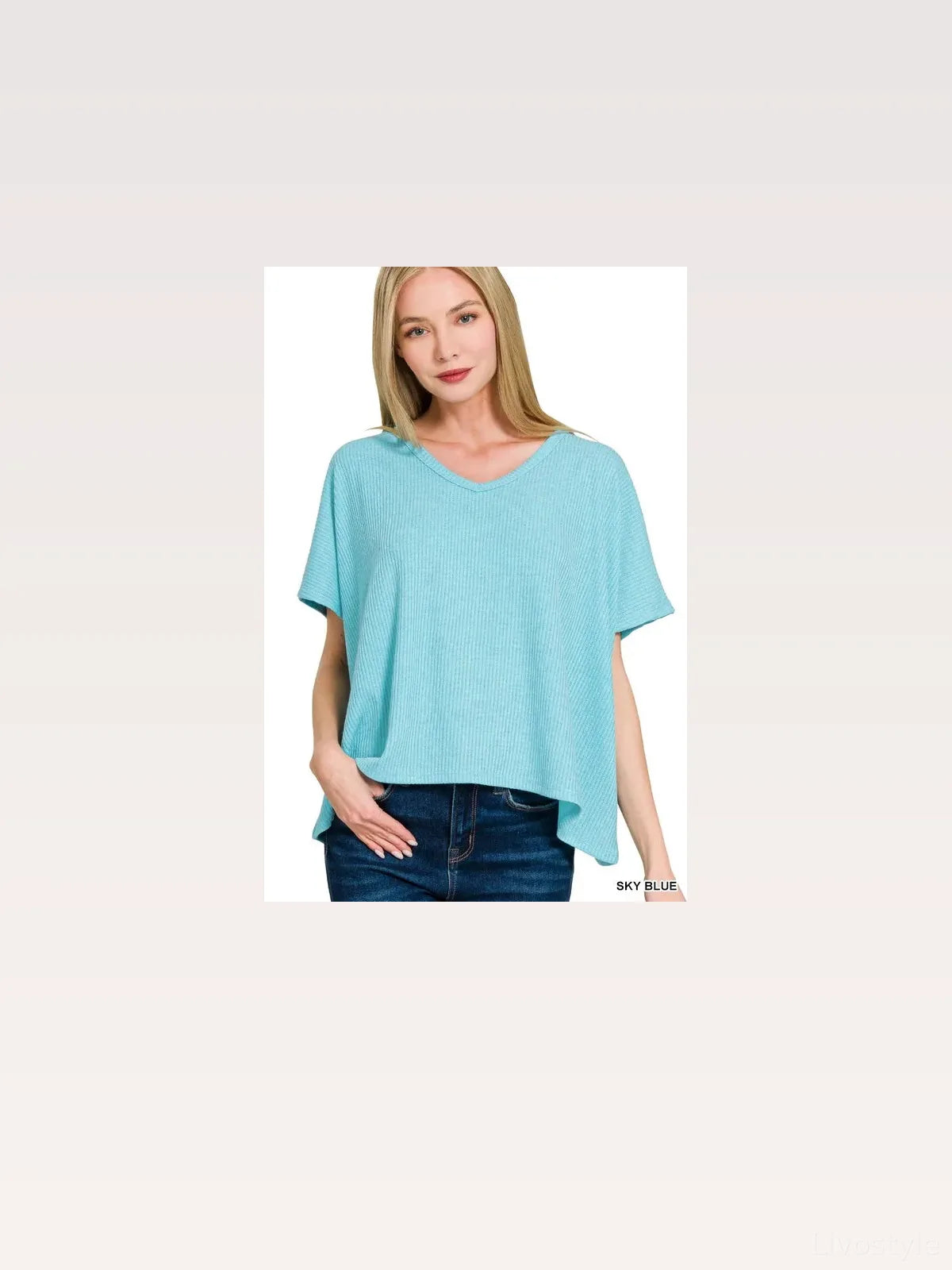 Ribbed V-Neck Short-Sleeve Knit Top